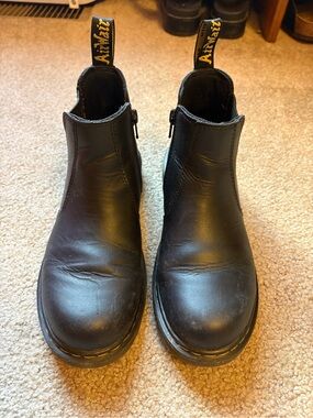 Dr. Martens Black Leather Chelsea Boots with Yellow Stitching Pull-Tab
